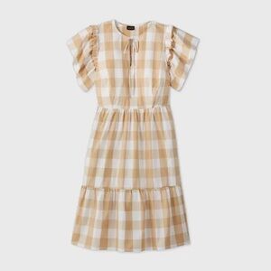 Who What Wear Tan and White Tiered Ruffled Midi Sundress